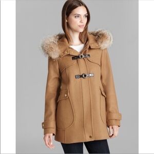 TRINA TURK Elizabeth lambs wool coyote fur trim hooded jacket leather toggle | 0